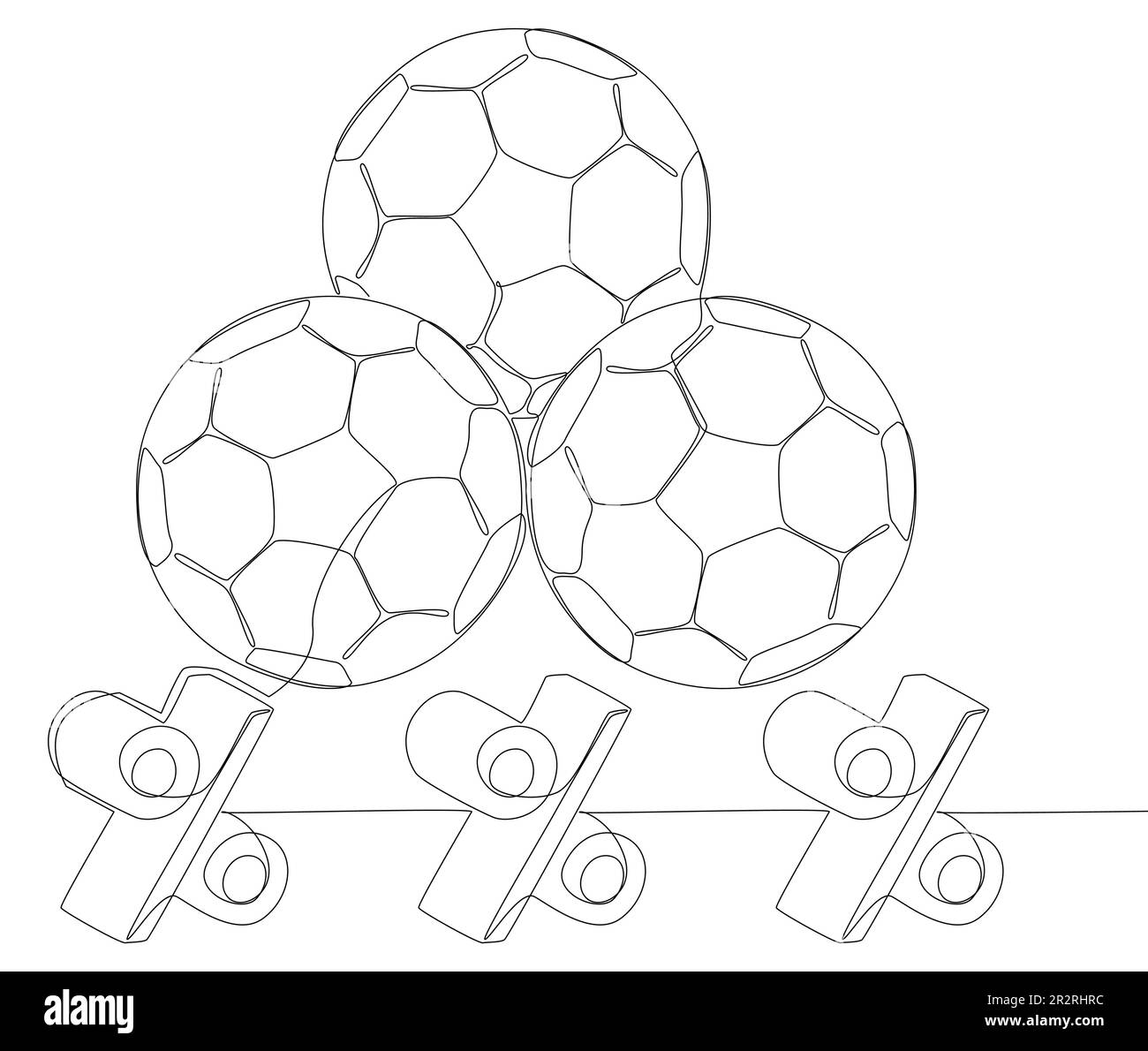 One continuous line of Football Ball with Percentage Sign. Thin Line Illustration vector concept. Contour Drawing Creative ideas. Stock Vector
