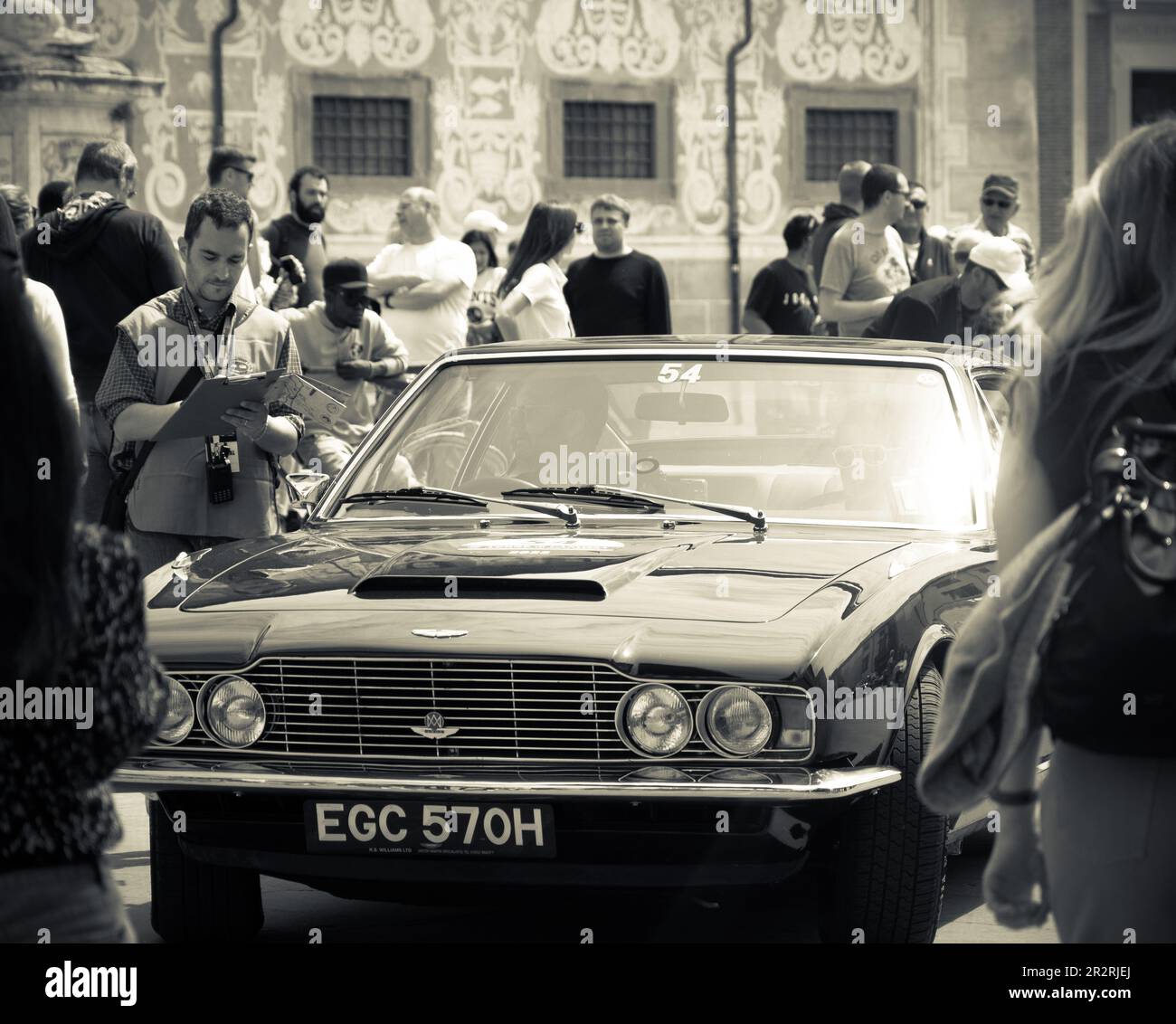 PISA , ITALY - APRIL 30 - 2023 : Aston Martin DBS 1969 on an old racing car in rally GP Terre di Canossa Stock Photo