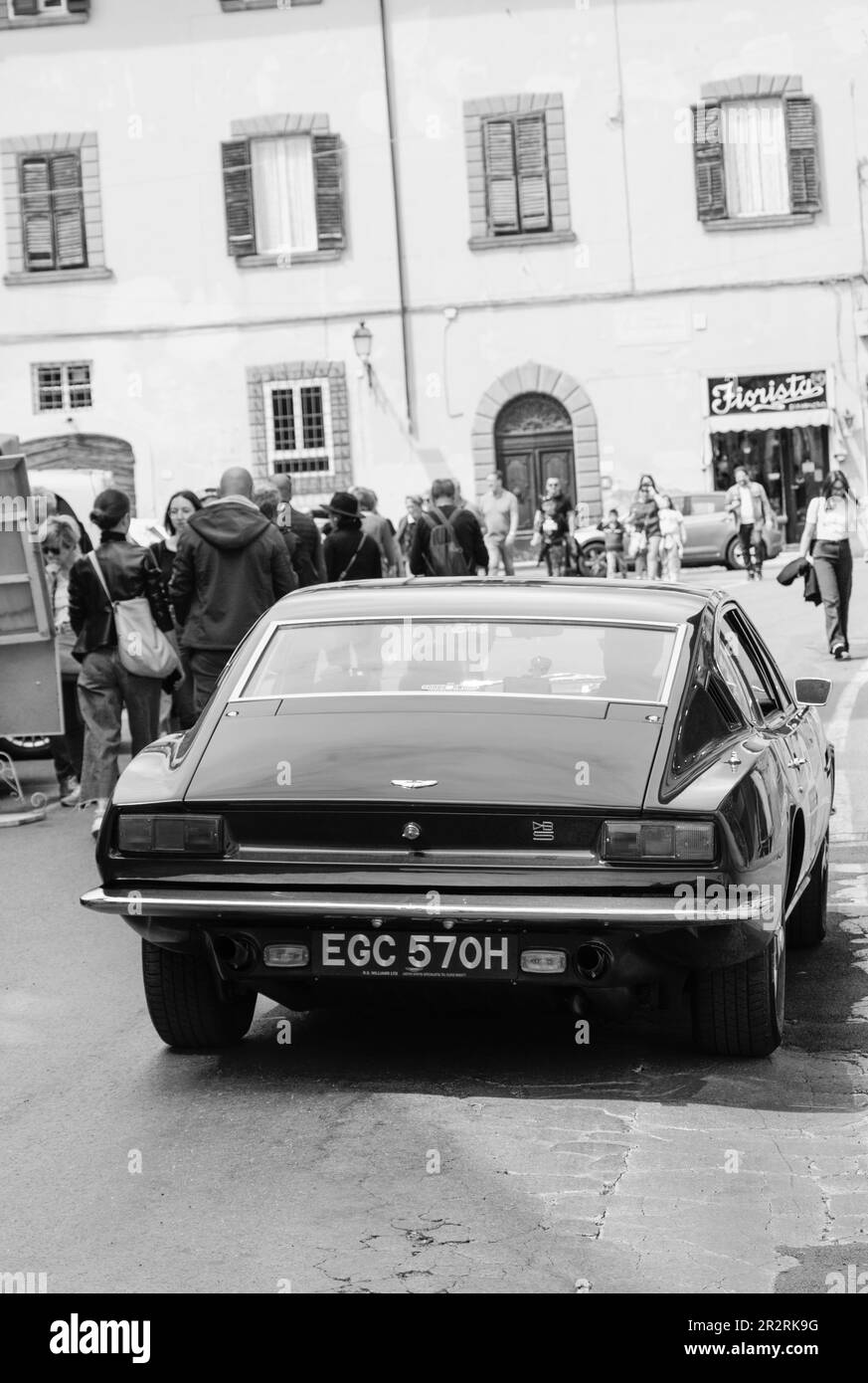 PISA , ITALY APRIL 30 2023 Aston Martin DBS 1969 on an old racing