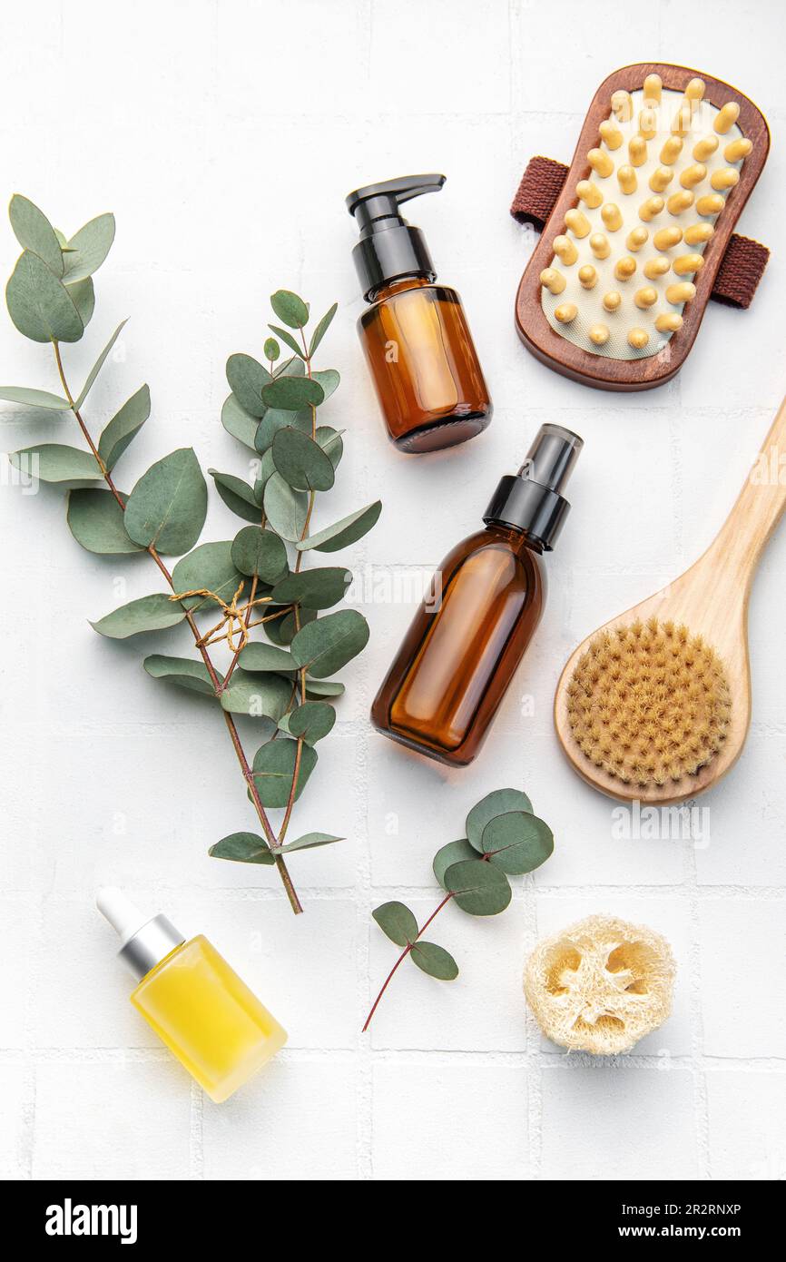 Spa treatment concept. natural spa cosmetics products with eucalyptus