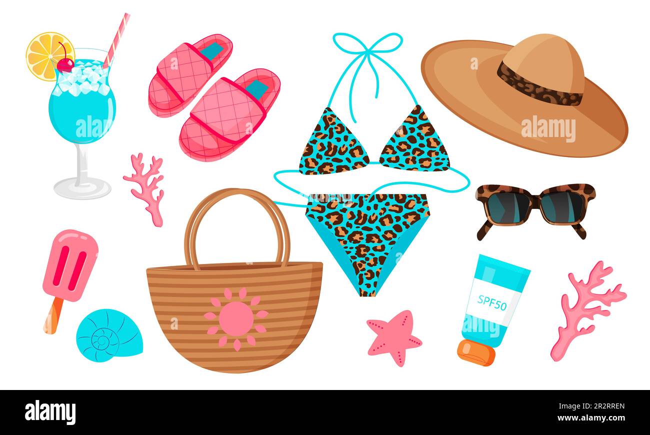 Set of fashion accessories from the sun. Summer set. Blue leopard swimsuit, hat, sunscreen, slippers, sunglasses, coctails, icecream and bag. Cartoon Stock Vector