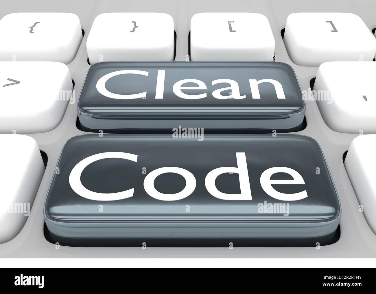 3D illustration of computer keyboard with the script Clean Code on two gray buttons. Stock Photo