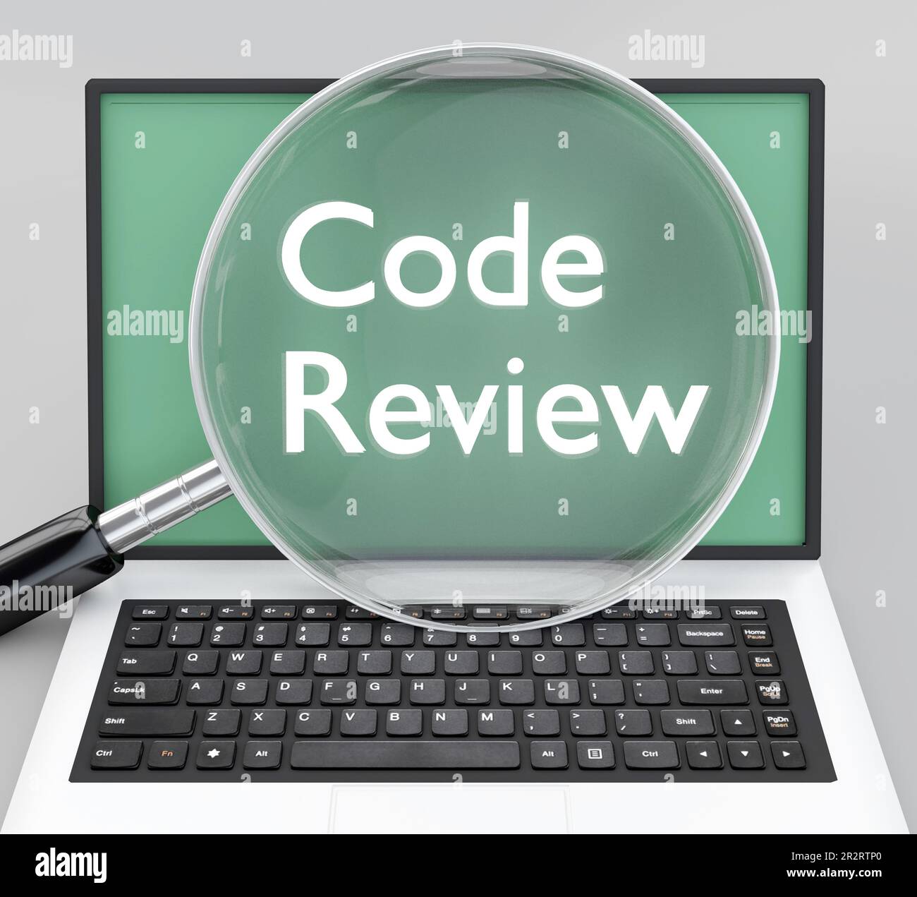 3D illustration of Code Review script under a magnifying glass over a green laptop's screen Stock Photo