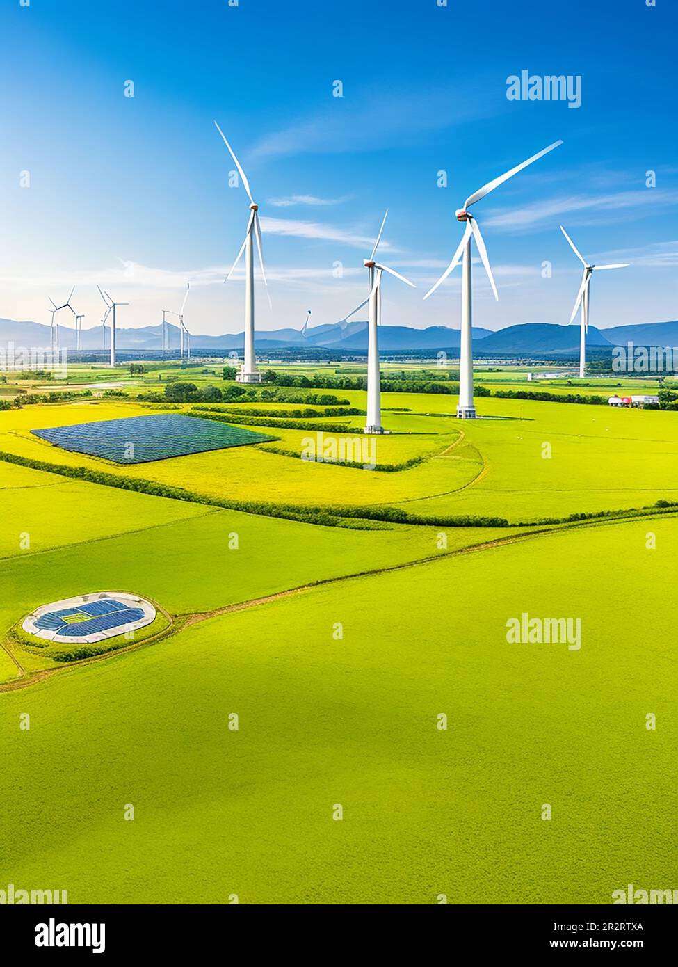Green energy generator of the environment, power generation station of the electricity industry and solar cell, wind, close up station Stock Photo