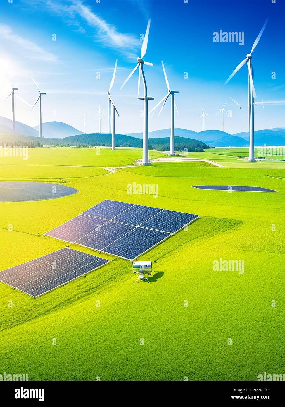 Green energy generator of the environment, power generation station of the electricity industry and solar cell, wind, close up station Stock Photo