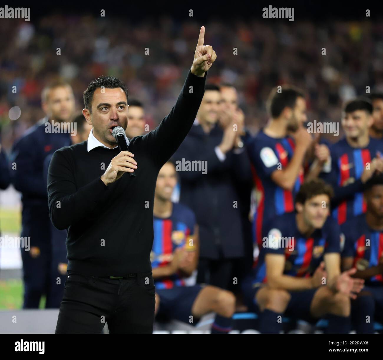 Sabadell, Barcelona, Spain. 20th May, 2023. Barcelona Spain 20.05.2023 Xavi Hernandez coach (FC Barcelona) gestures during the La Liga Santander between FC Barcelona and Real Sociedad at Camp Nou on 20 May 2023 in Barcelona. (Credit Image: © Xavi Urgeles/ZUMA Press Wire) EDITORIAL USAGE ONLY! Not for Commercial USAGE! Stock Photo