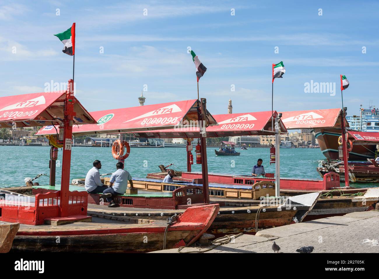 Abra ferry boats or water taxis on Khor Dubai (Dubai Creek), Dubai, United Arab Emirates Stock Photo