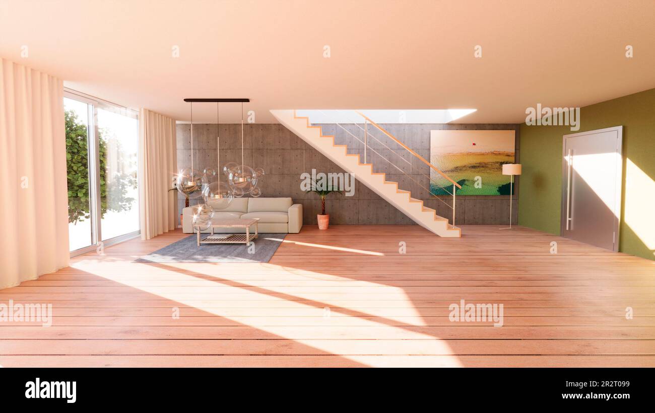 Internal view of an open space with staircase and windows, large size, modern and contemporary style. Luxury houses. Natural light. Living room Stock Photo