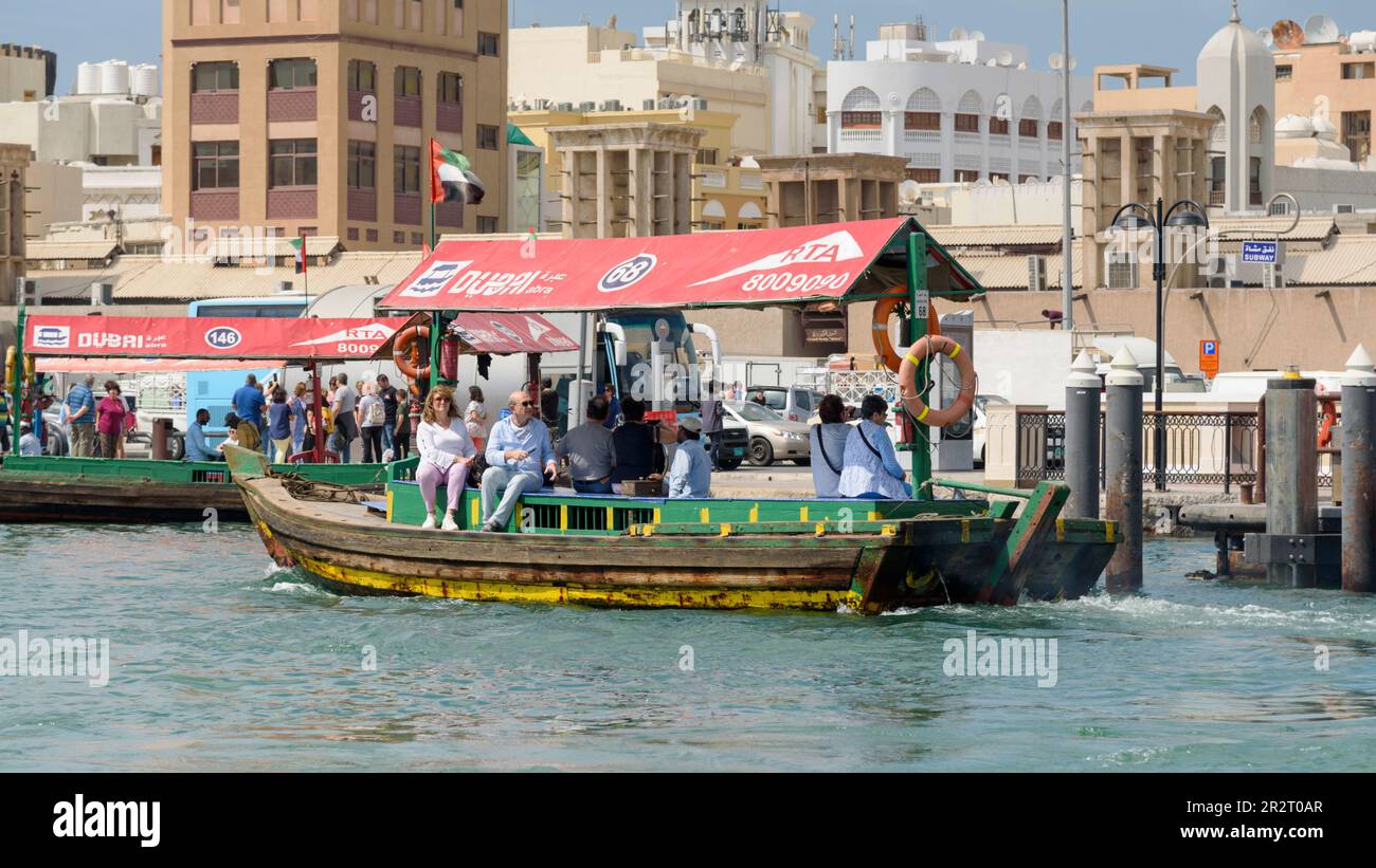 Abra ferry boats or water taxis on Khor Dubai (Dubai Creek), Dubai, United Arab Emirates Stock Photo