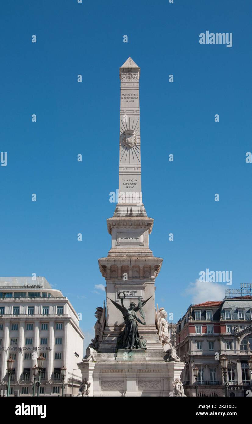 Obelisk in Restorers Square on Avenida da Liberdade, Lisbon, Portugal Stock Photo