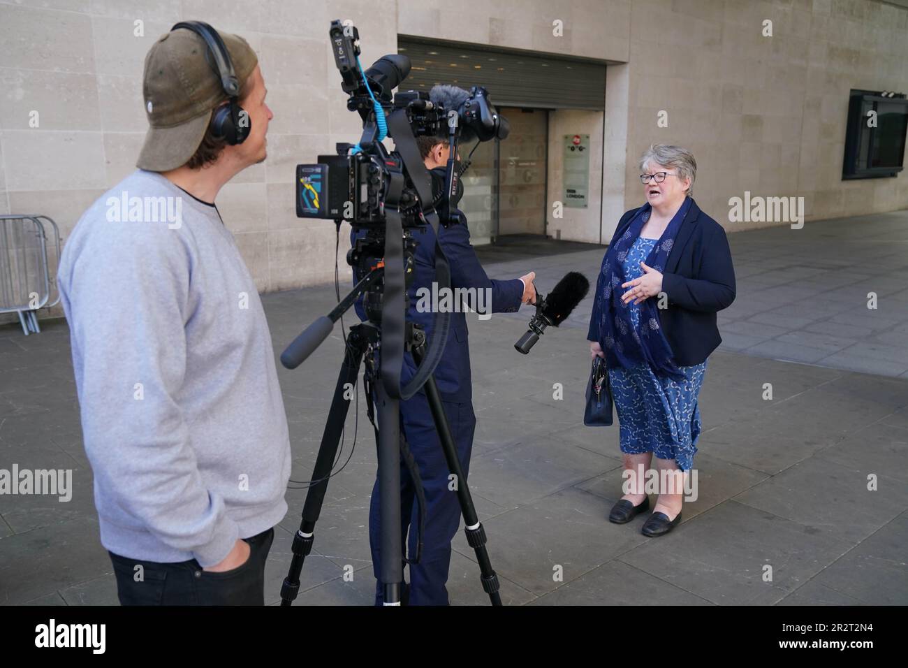 Secretary of State for Environment, Food and Rural Affairs Therese Coffey speaks to the media outside BBC Broadcasting House in London, after appearing on the BBC One current affairs programme, Sunday with Laura Kuenssberg. Picture date: Sunday May 21, 2023. Stock Photo