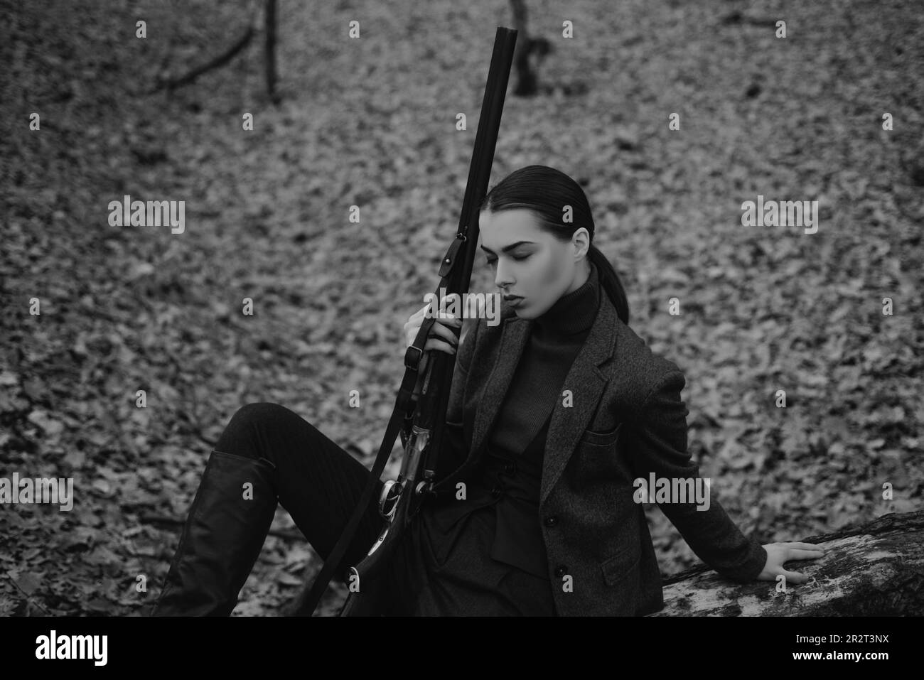 military fashion. achievements of goals. female hunter in forest. successful hunt. hunting sport. girl with rifle. chase hunting. Gun shop. woman with Stock Photo