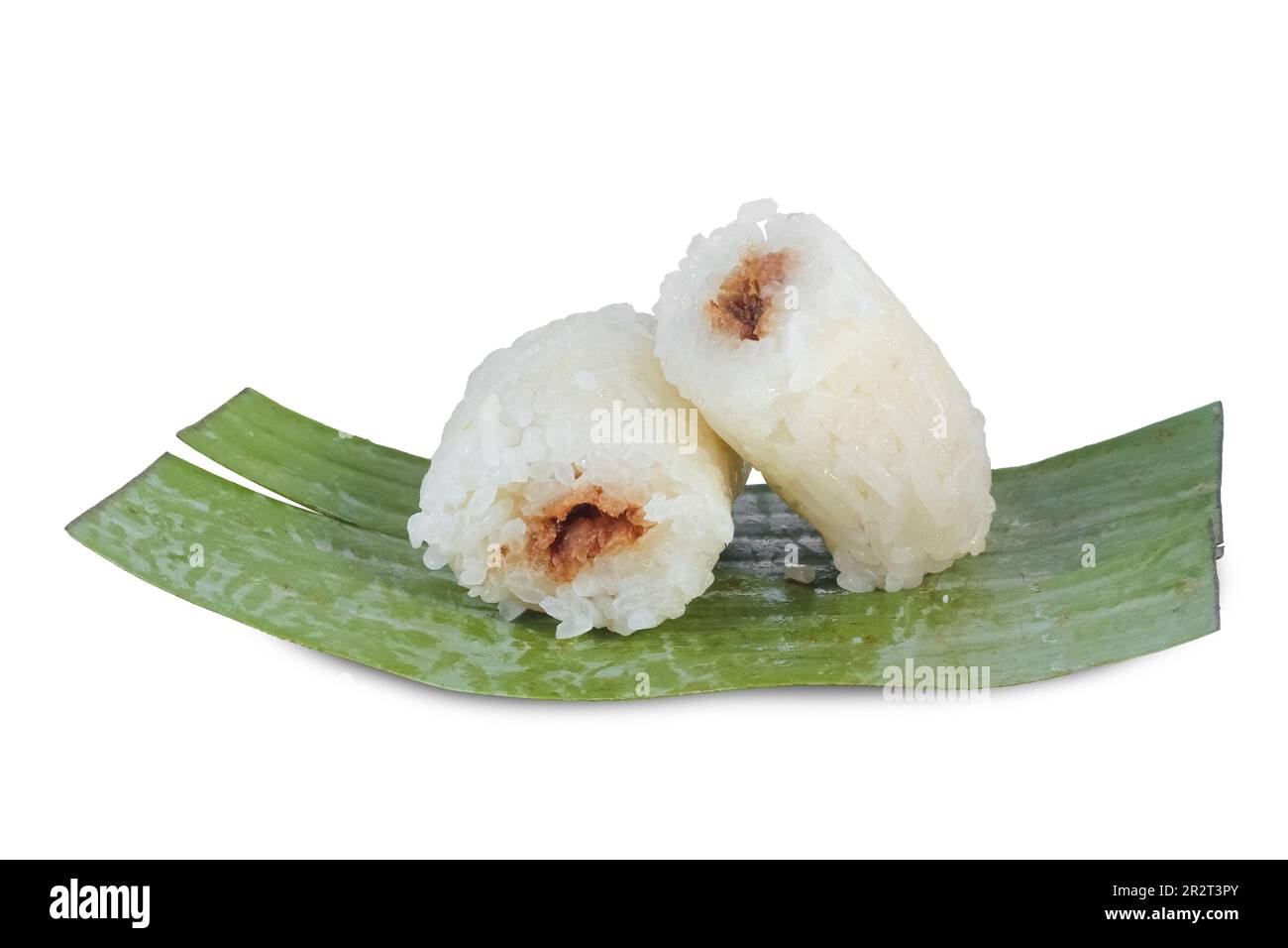 lemper isolated on white background. Indonesian traditional food lemper. Asian culinary lemper. rice cakes with banana leaves and chicken inside Stock Photo
