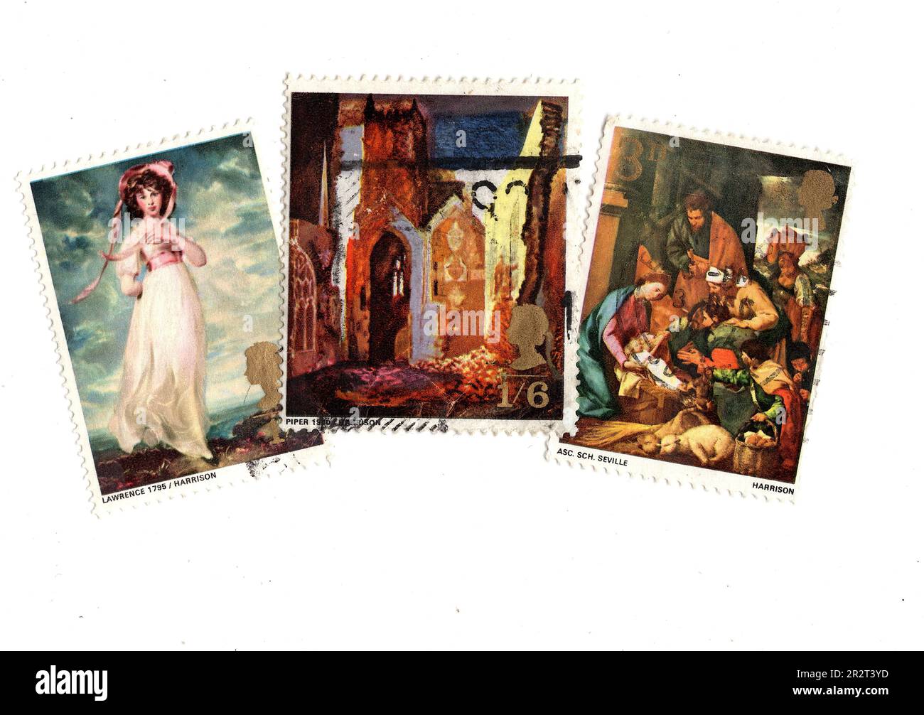 Vintage postage stamps from the United Kingdom featuring famous British