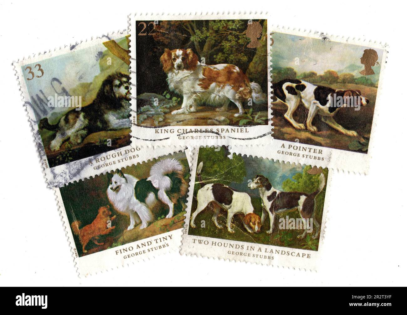 Vintage postage stamps from the United Kingdom featuring paintings of