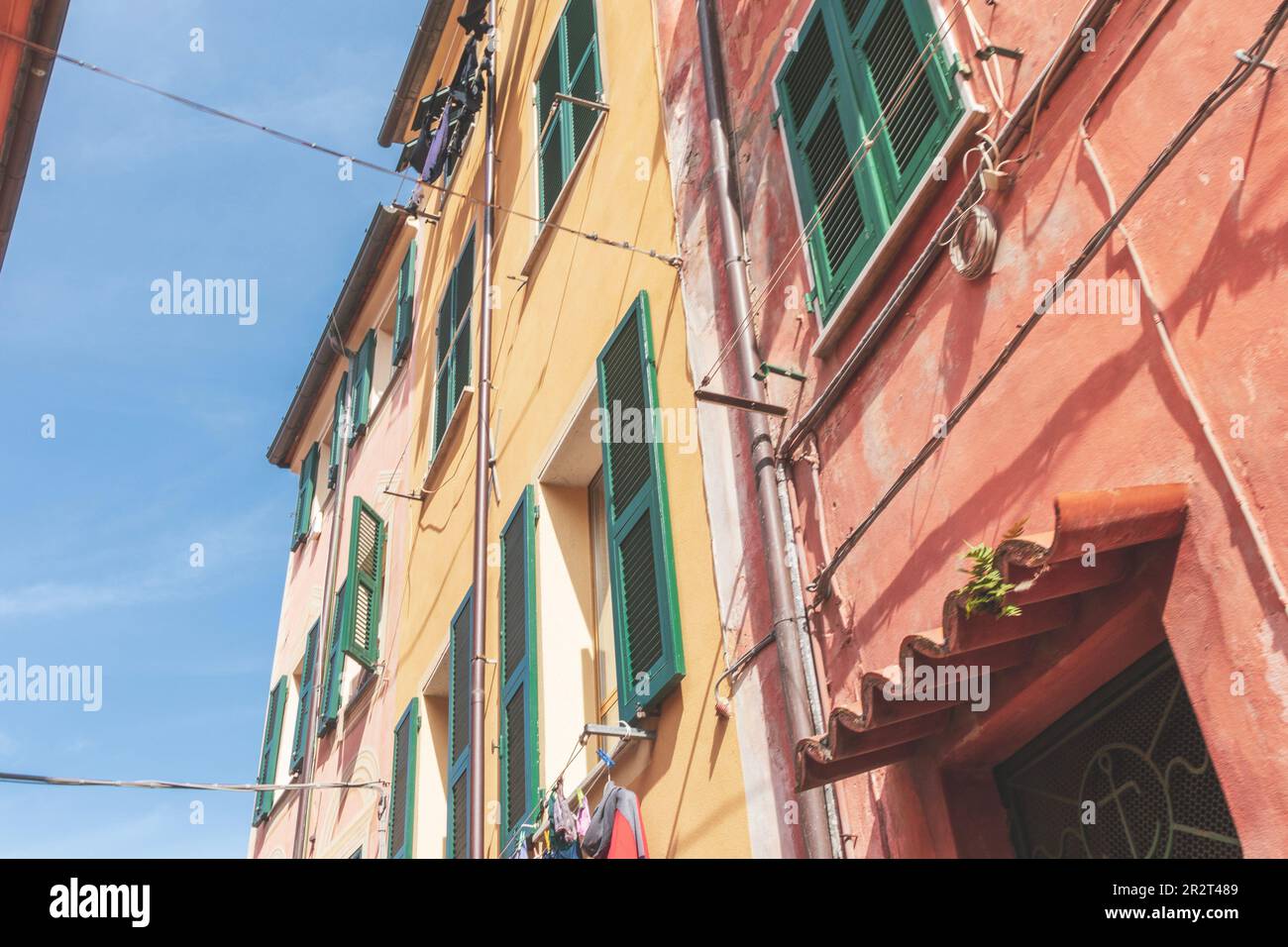 Low angle view of traditional Ligurian houses facades. Lerici, Italy. Copy space Stock Photo