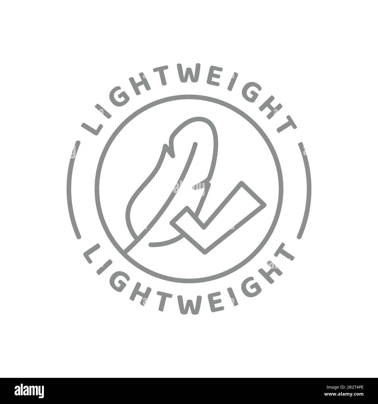 Bird feather and checkmark line vector label, light weight. Lightweight outline badge. Stock Vector
