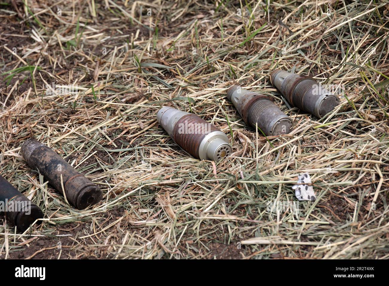 Non Exclusive: KHARKIV REGION, UKRAINE - MAY 19, 2023 - Explosive items found at the demining site during the testing of a humanitarian demining machi Stock Photo