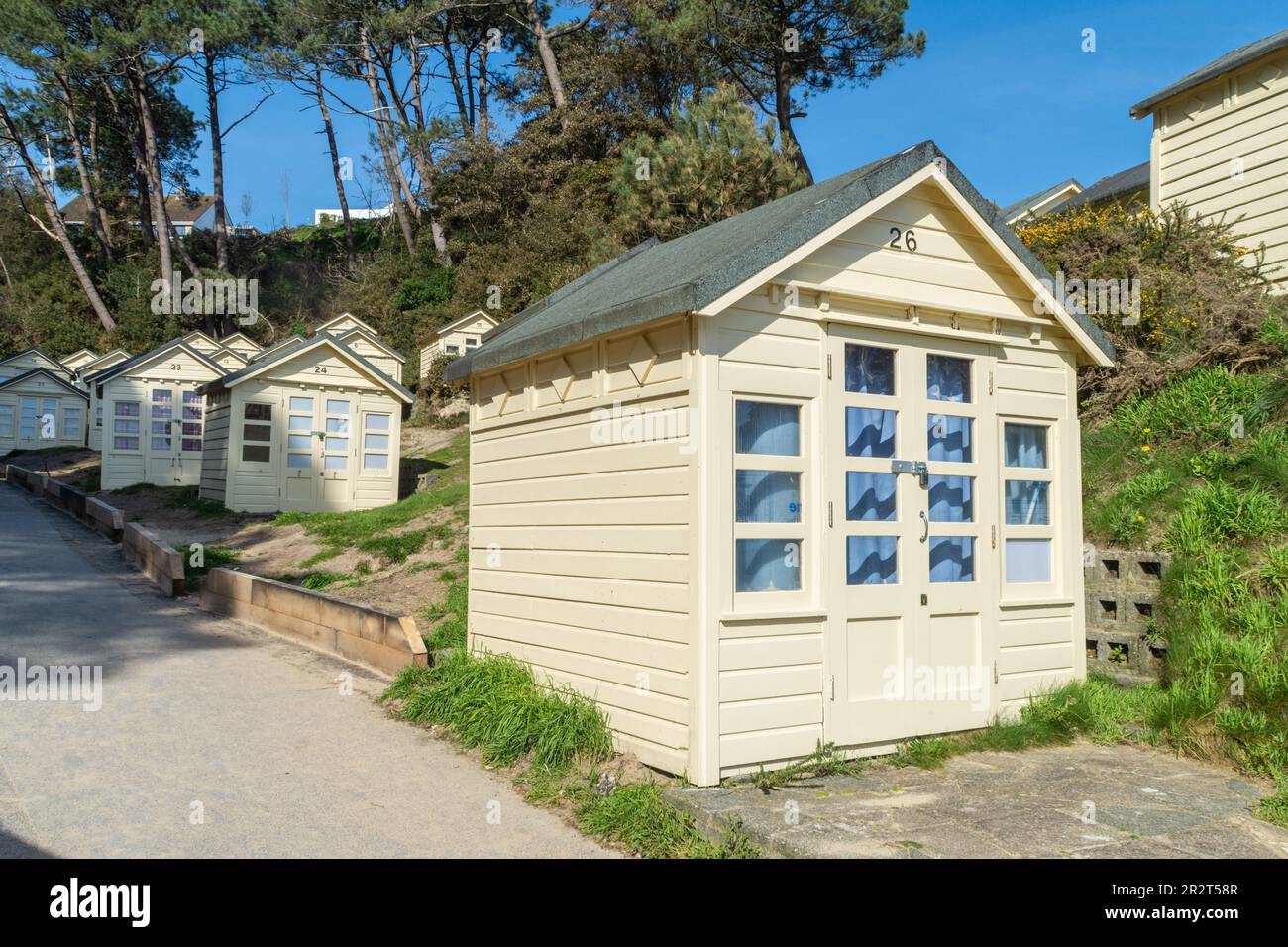 Canford Cliffs Chine, Poole, UK April 8th 2023 Beach huts at Canford