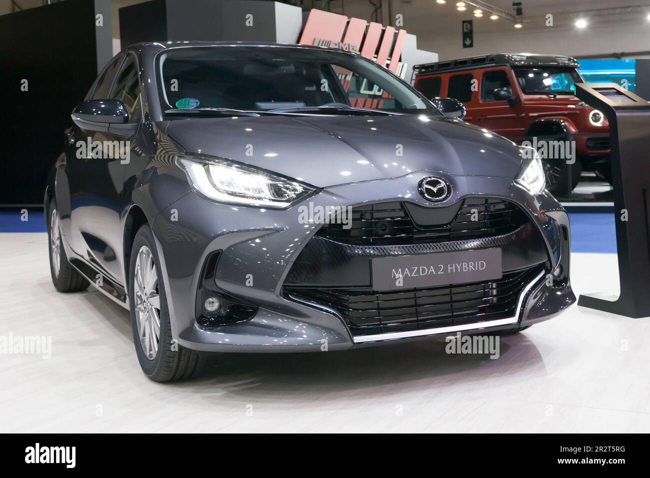 Barcelona, Spain - May 14, 2023: Mazda 2 Hybrid on display at Automobile Barcelona 2023 in Barcelona, Spain. Stock Photo