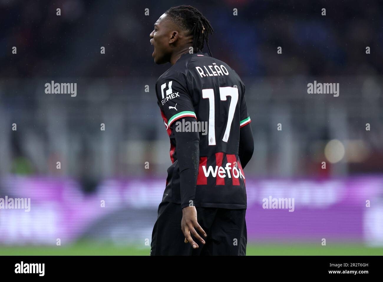 Milano, Italy. 20th May, 2023. Rafael Leao of Ac Milan yells during the Serie A football match beetween Ac Milan and Uc Sampdoria at Stadio Giuseppe Meazza on May 20, 2023 in Milano, Italy . Credit: Marco Canoniero/Alamy Live News Stock Photo
