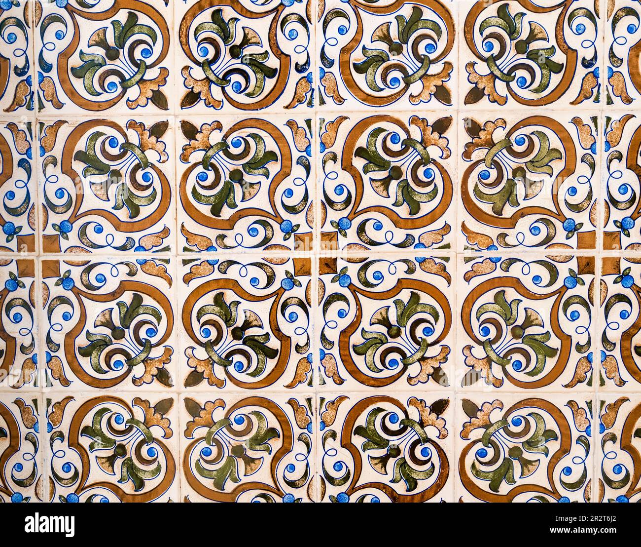 Traditional tiles with floral shapes and pastel colours adorning the facades of the houses in Aveiro, Portugal Stock Photo