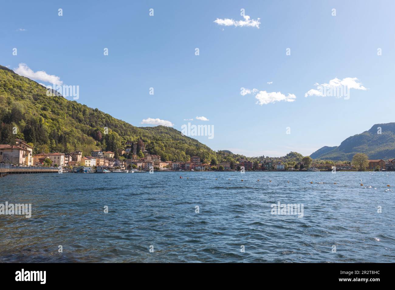 High angle view of Portoceresio, a town on Lake Lugano in the province of Varese, Italy. Copy space Stock Photo