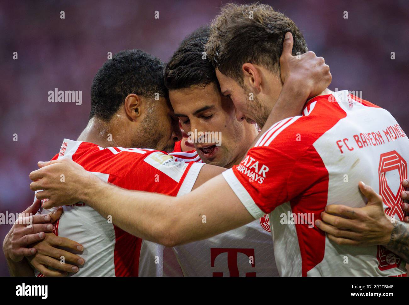 Munic, Germany. 20th Mai, 2023. Torjubel: Serge Gnabry (Muenchen), Joao Pedro Cavaco Cancelo (Muenchen),  Leon Goretzka (Muenchen) FC Bayern München - Stock Photo