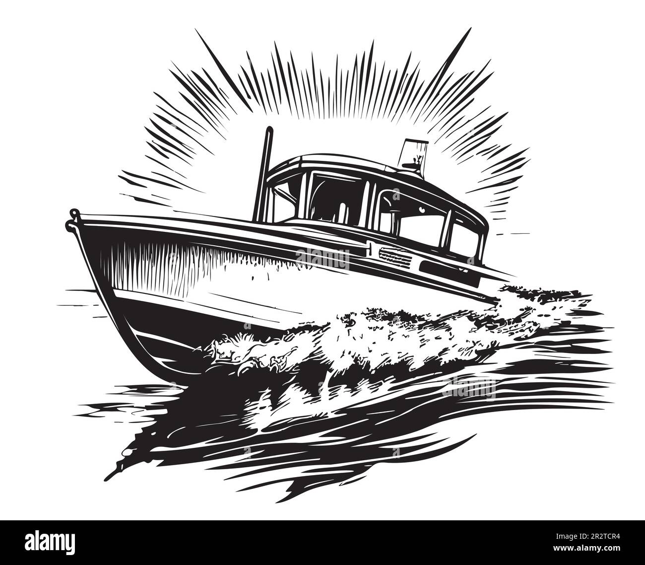 Boat on waves hand drawn sketch Vector illustration Sea boat Stock Vector