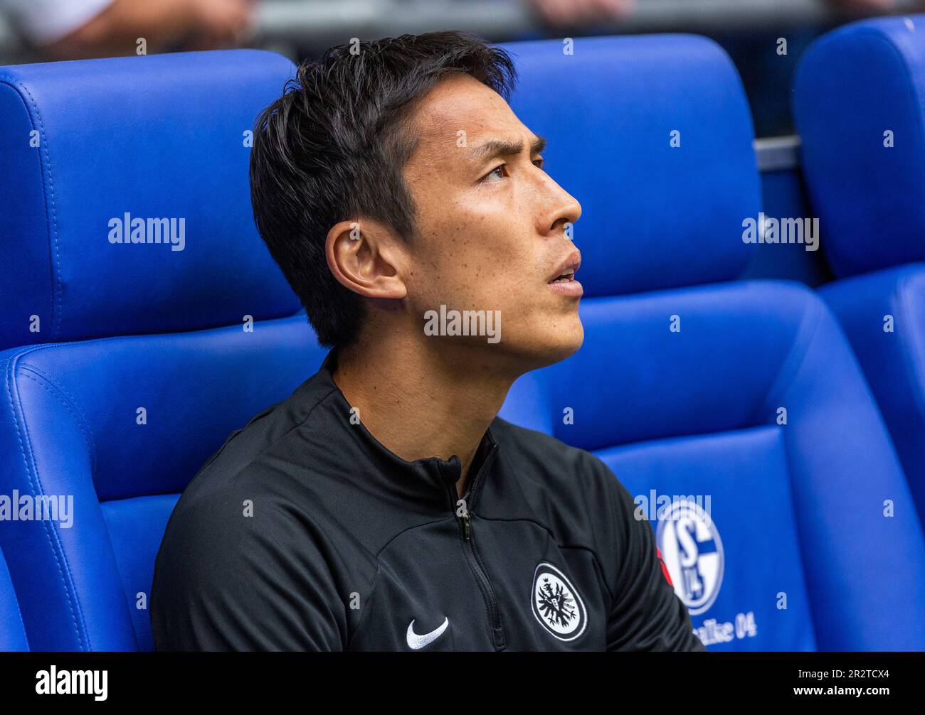 sports, football, Bundesliga, 2022/2023, FC Schalke 04 vs. SG Eintracht Frankfurt 2-2, Veltins Arena Gelsenkirchen, stand-by player on the bench, Makoto Hasebe (SGE), DFL REGULATIONS PROHIBIT ANY USE OF PHOTOGRAPHS AS IMAGE SEQUENCES AND/OR QUASI-VIDEO Stock Photo