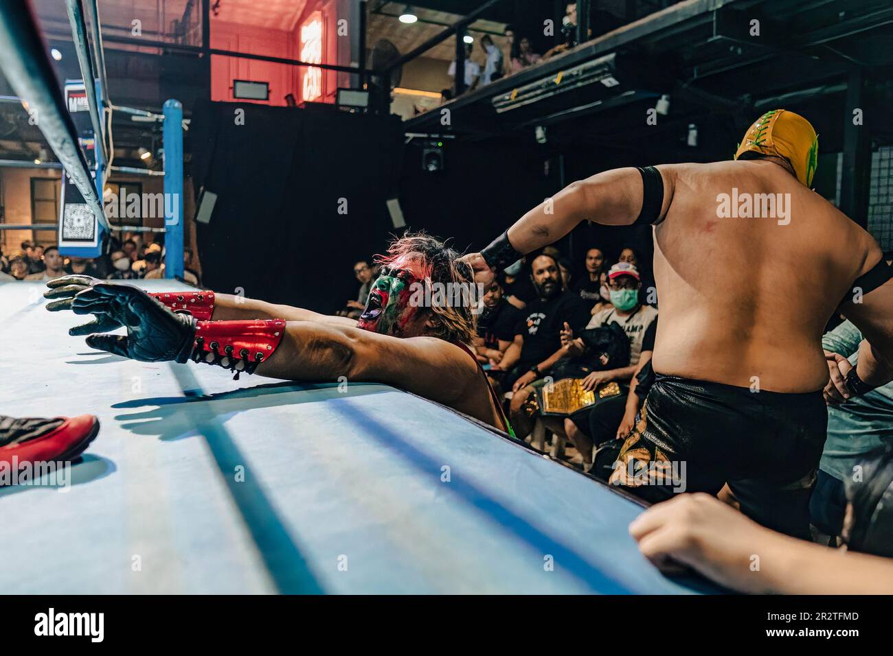 Bangkok, Thailand. 20th May, 2023. Wrestlers Kappa Rockstar and Azura seen  in action at a Setup Thailand Pro Wrestling event in Lad Phrao. Setup is  Thailand's first pro wrestling organization and it