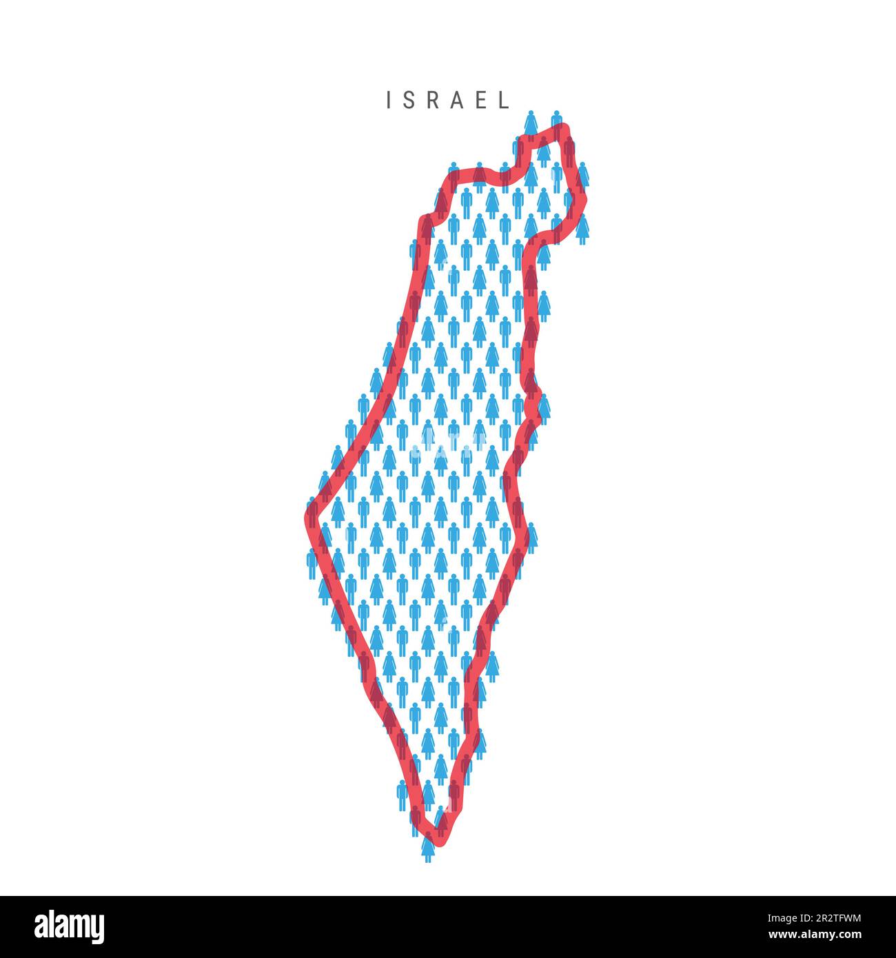 Israel population map. Stick figures Israeli people map with bold red translucent country border. Pattern of men and women icons. Isolated vector illu Stock Vector
