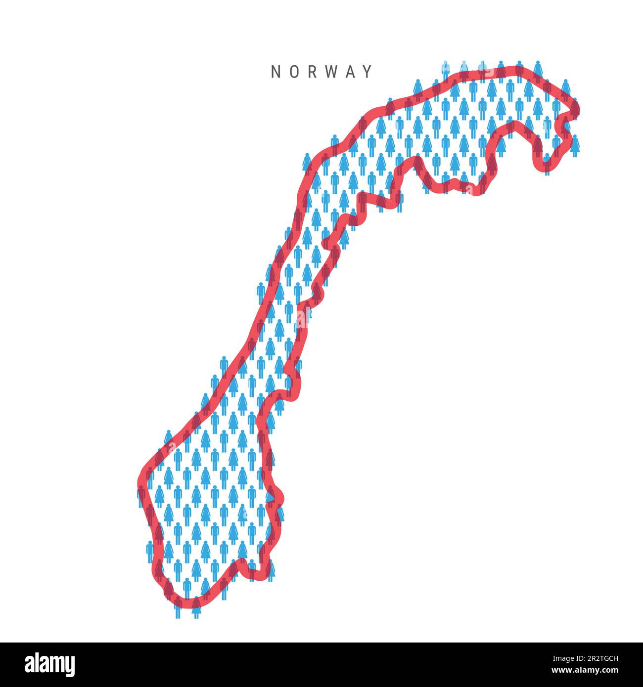 Norway population map. Stick figures Norwegian people map with bold red