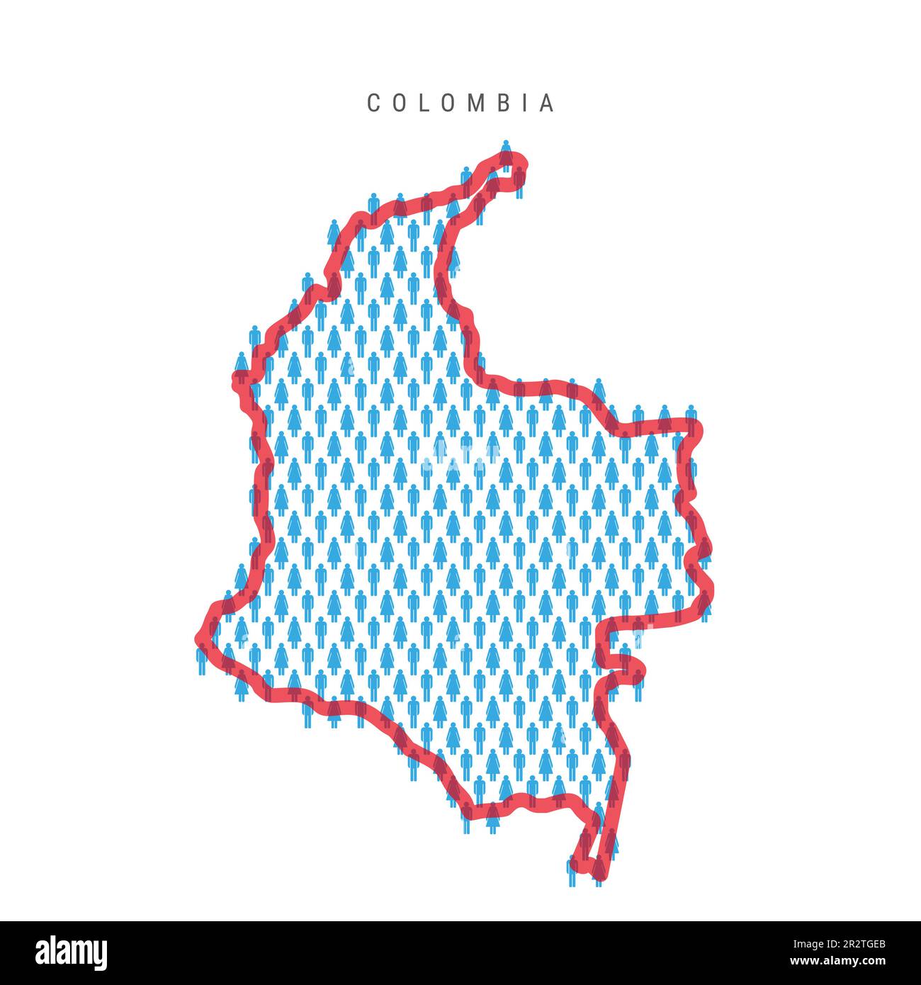 Colombia population map. Stick figures Colombian people map with bold red translucent country border. Pattern of men and women icons. Isolated vector Stock Vector
