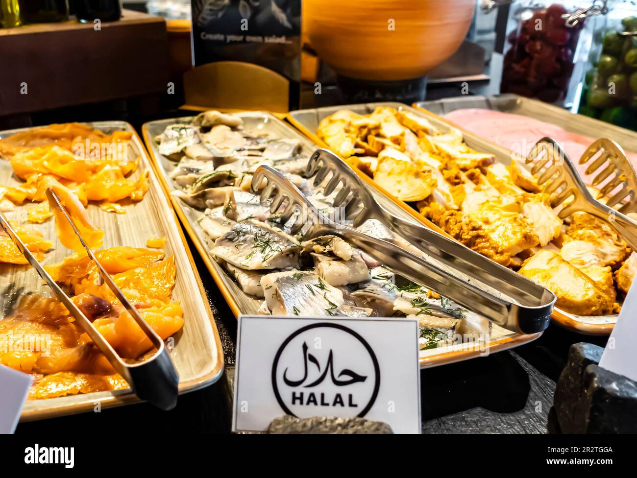 Halal fish breakfast area in a hotel Stock Photo Alamy