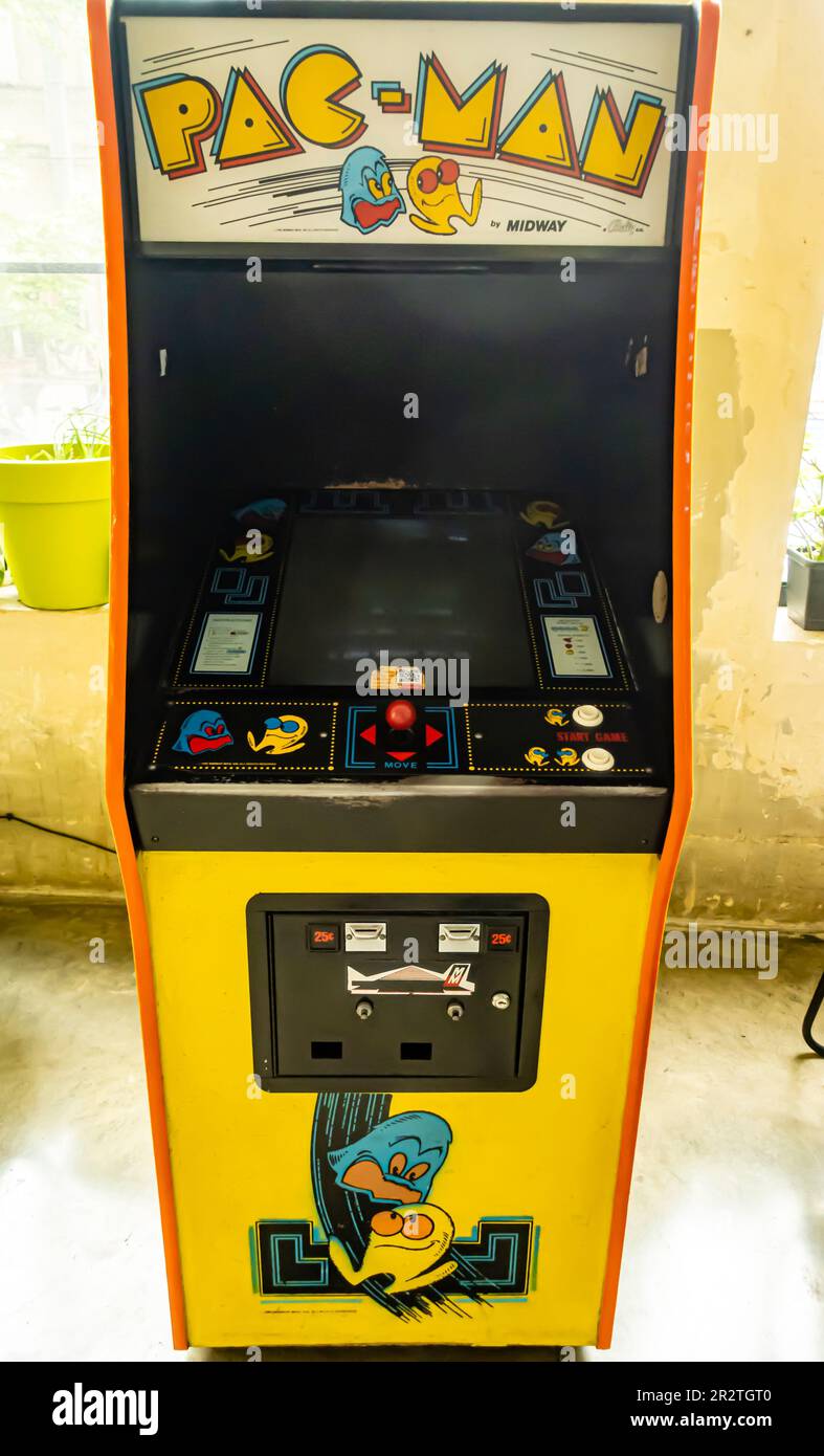 Pac Man Arcade Party Cabinet. Game automat stand Stock Photo