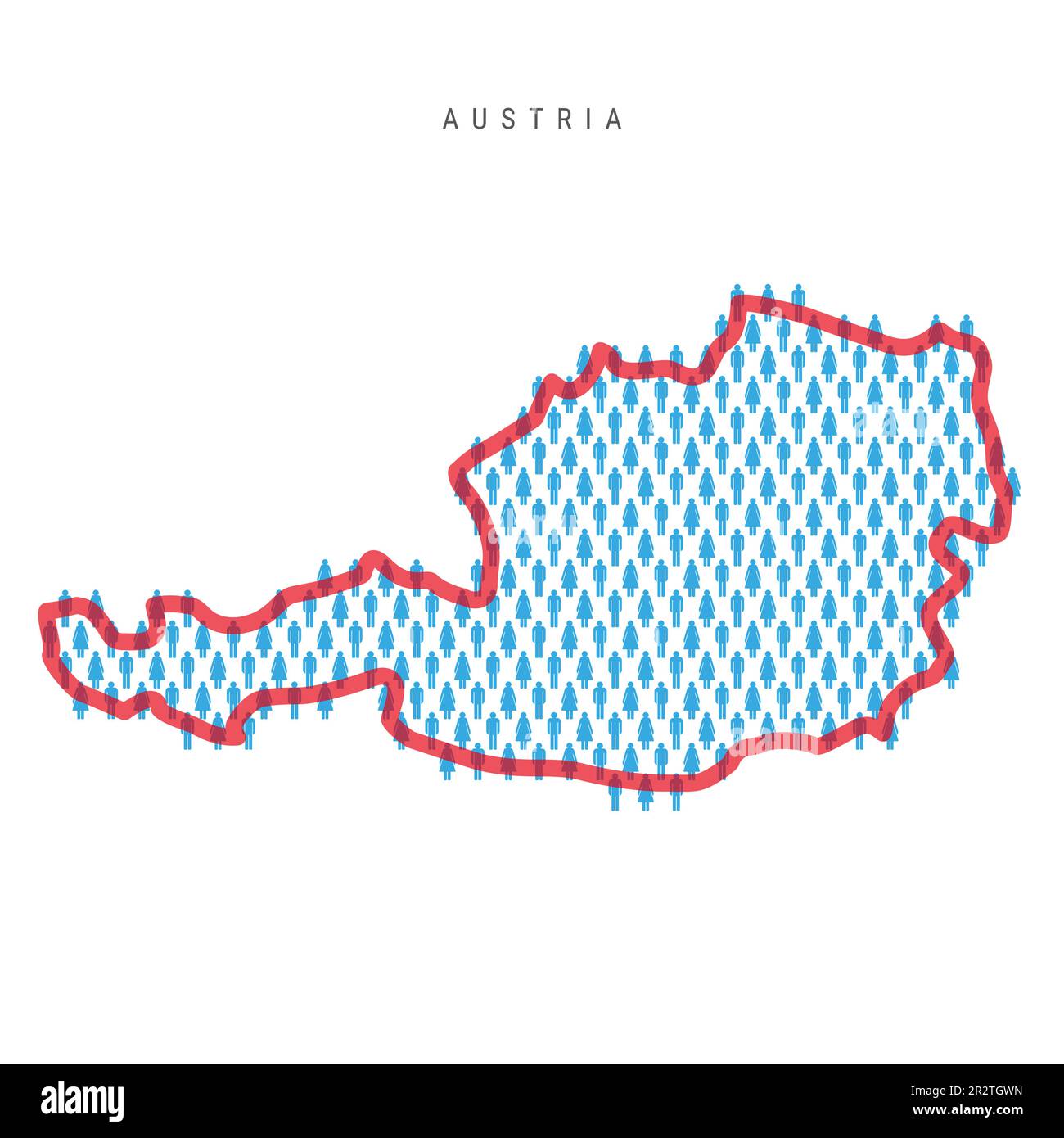 Austria population map. Stick figures Austrian people map with bold red translucent country