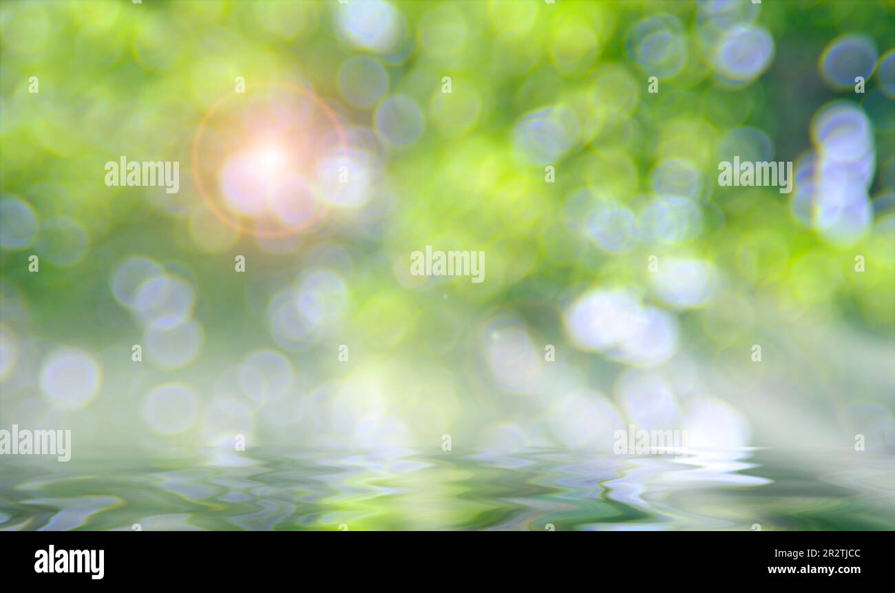 Beautiful blurred nature background, water, trees,sunlight, large bubble bokeh balls. Free copy space. Stock Photo