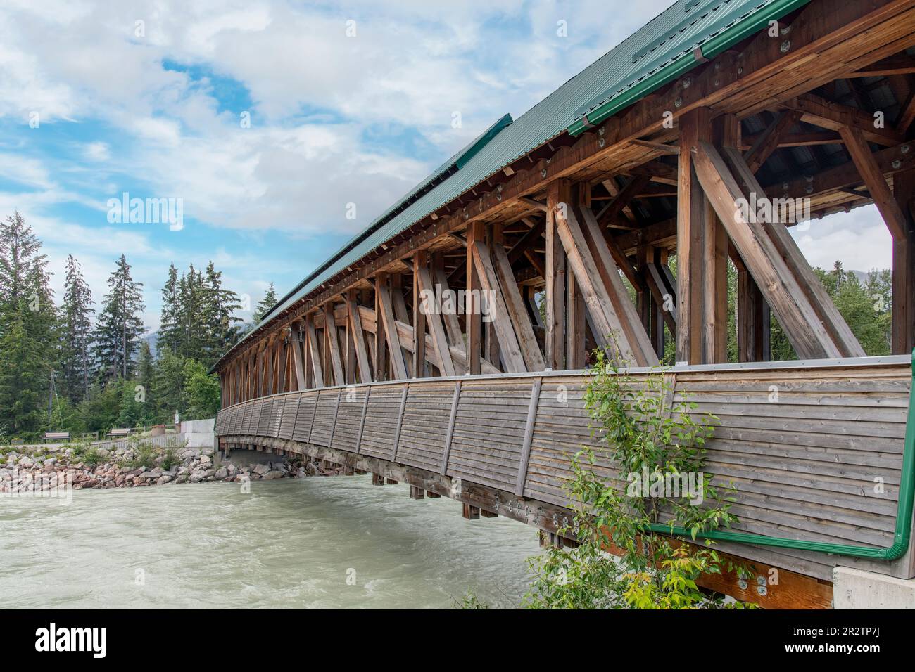 Golden, BC, Canada-August 2022; View of the Kicking Horse Pedestrian Bridge, the longest freestanding timber frame bridge in Canada, spanning the Kick Stock Photo