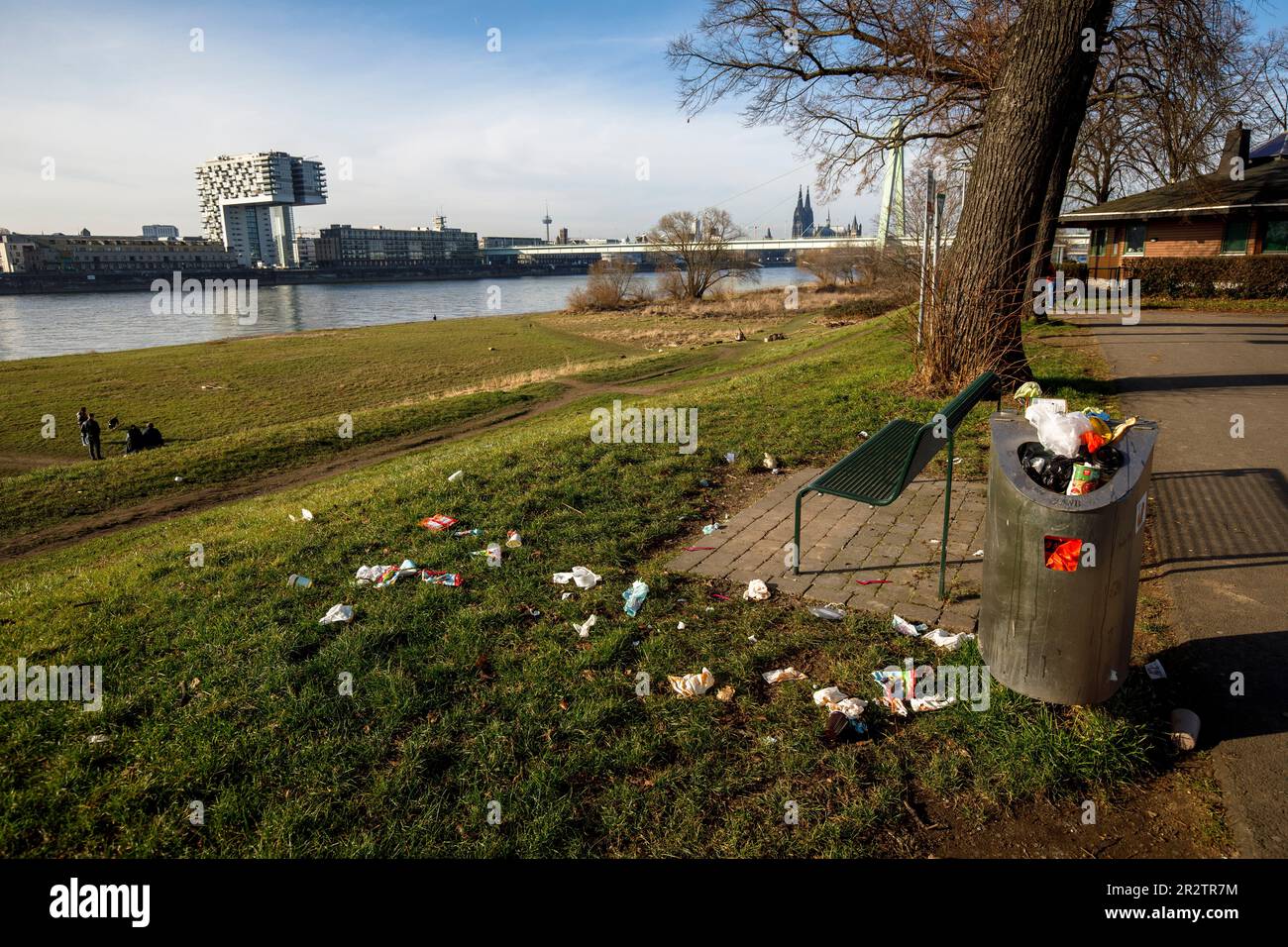 litter at an overflowing trash can at the Rhine meadows, view to the Rheinau harbor and the cathedral, Cologne, Germany. Abfall an einem uebervollen M Stock Photo