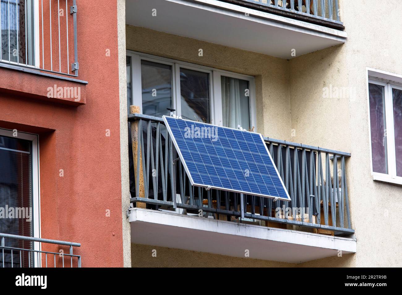 photovoltaic array, solar module at a balcony on Hansaring, Cologne, Germany. Solarmodul an einem Balkon am Hansaring, Koeln, Deutschland. Stock Photo