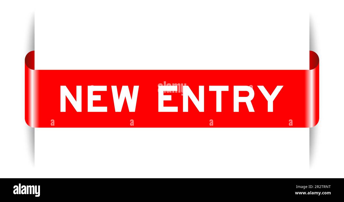 Red color inserted label banner with word new entry on white background