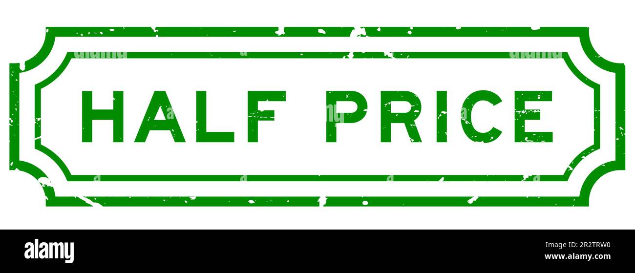 Grunge green half price word rubber seal stamp on white background