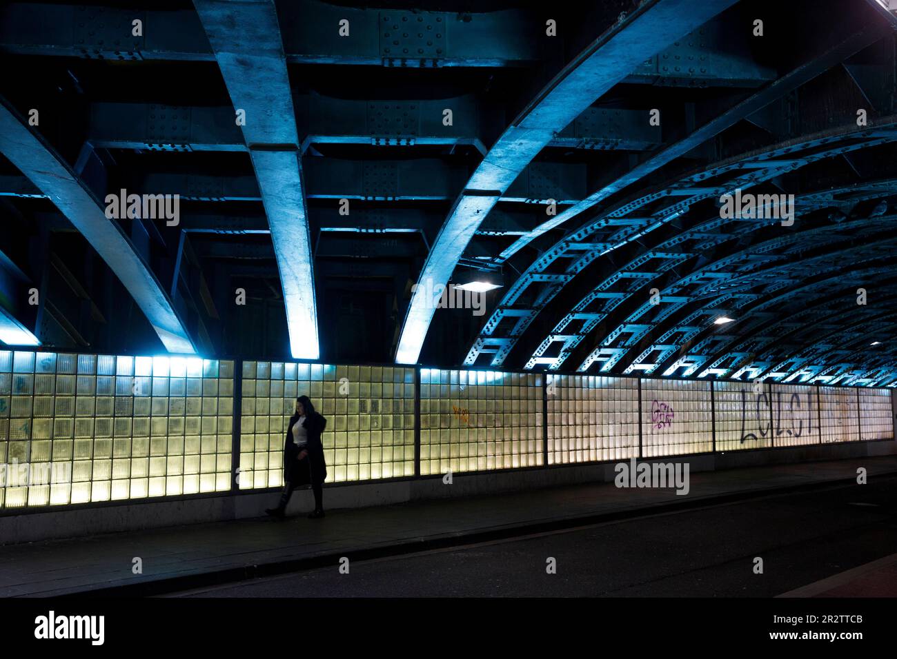 illuminated railway underpass at the streets Eigelstein ...