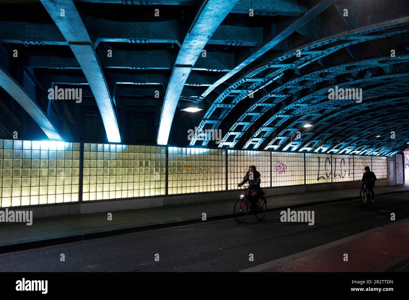 illuminated railway underpass at the streets Eigelstein ...