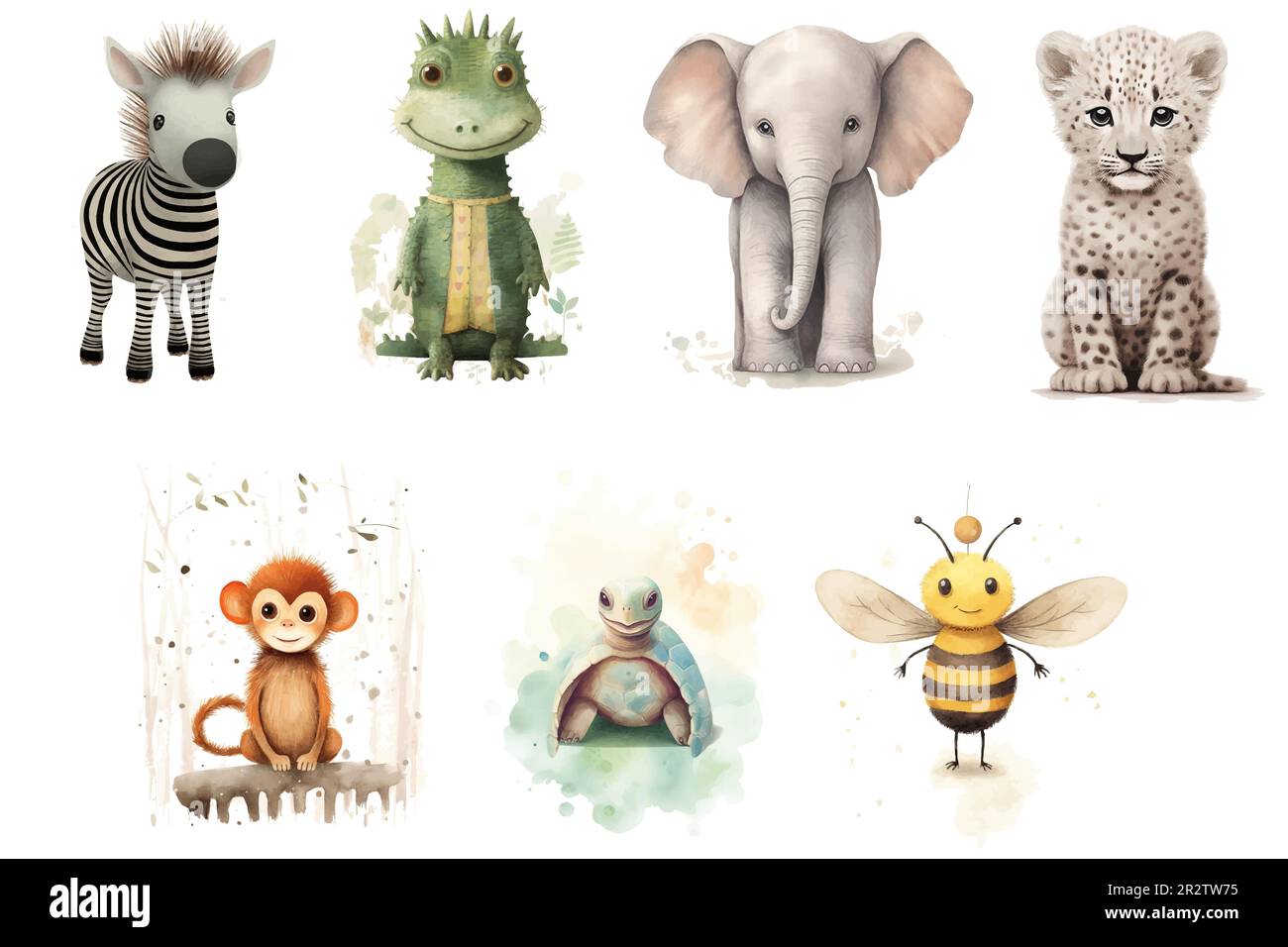 Watercolor set of Cute Baby Elephant, leopard, turtle, zebra, monkey
