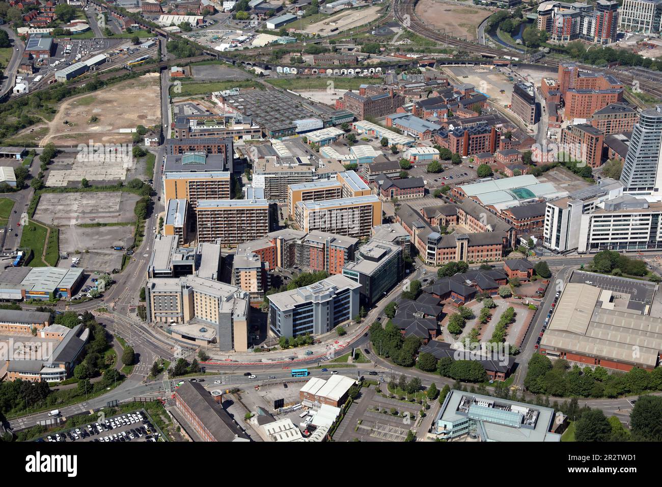 aerial view from the east looking west of office blocks & Clayton Hotel on Sweet Street in Holbeck just south of Leeds city centre, West Yorkshire Stock Photo