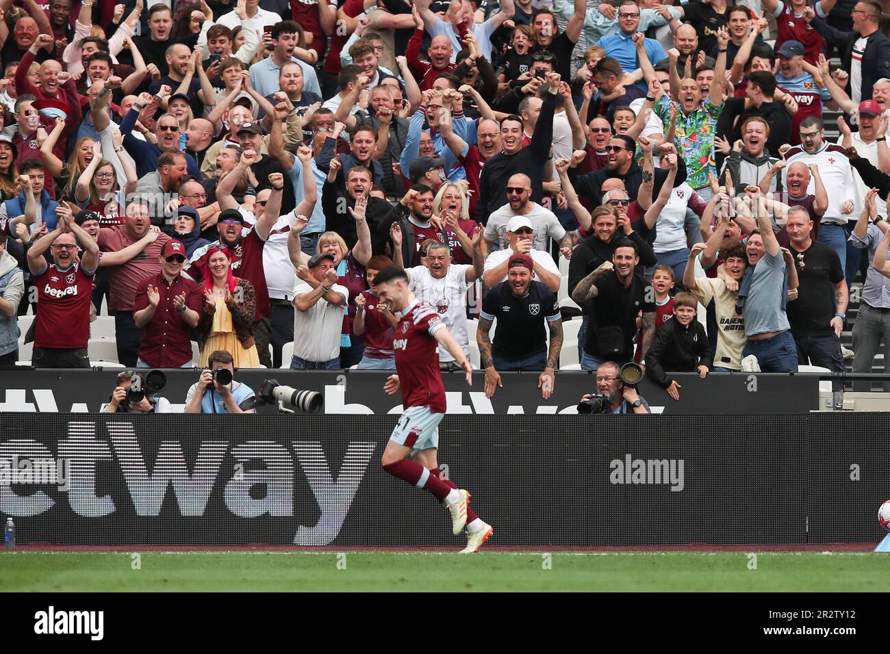 London, UK. 21st May, 2023. Declan Rice of West Ham United scores the ...