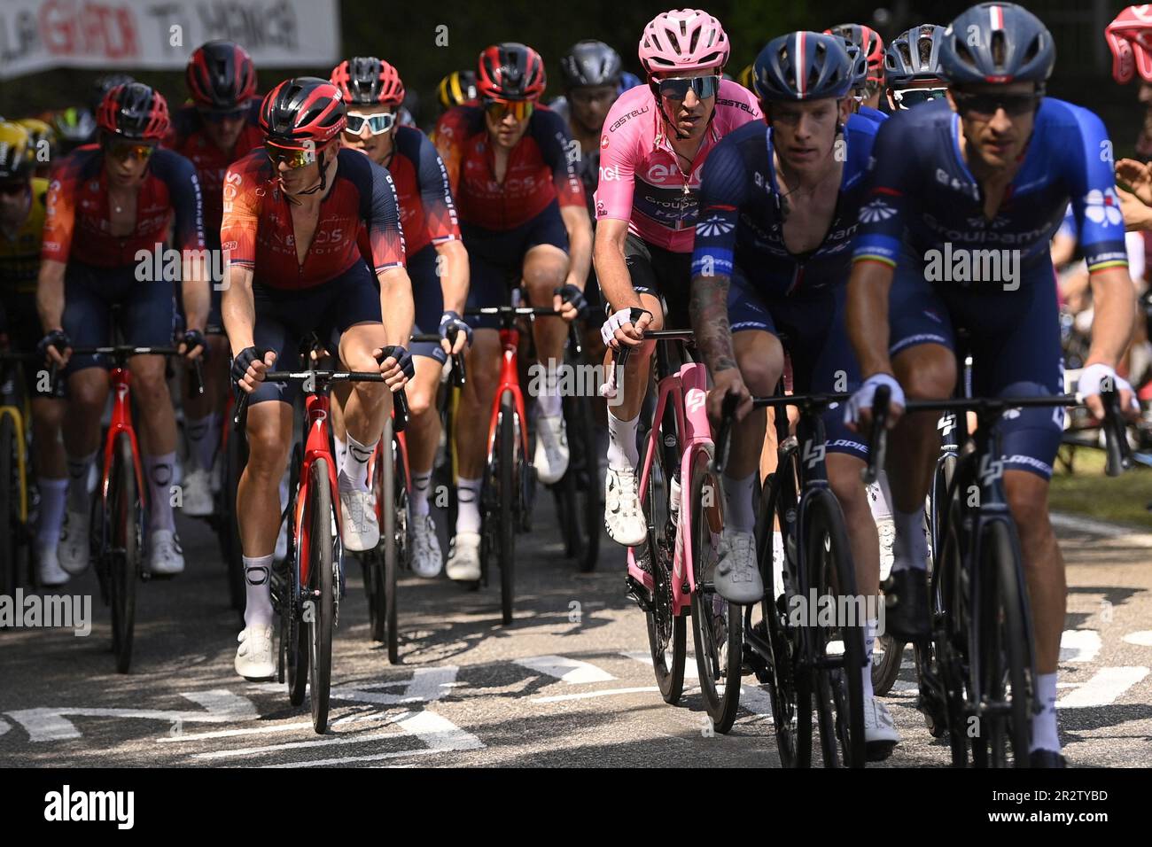 Bruno Armirail, wearing the pink jersey of leader of the race, pedals in the pack during the