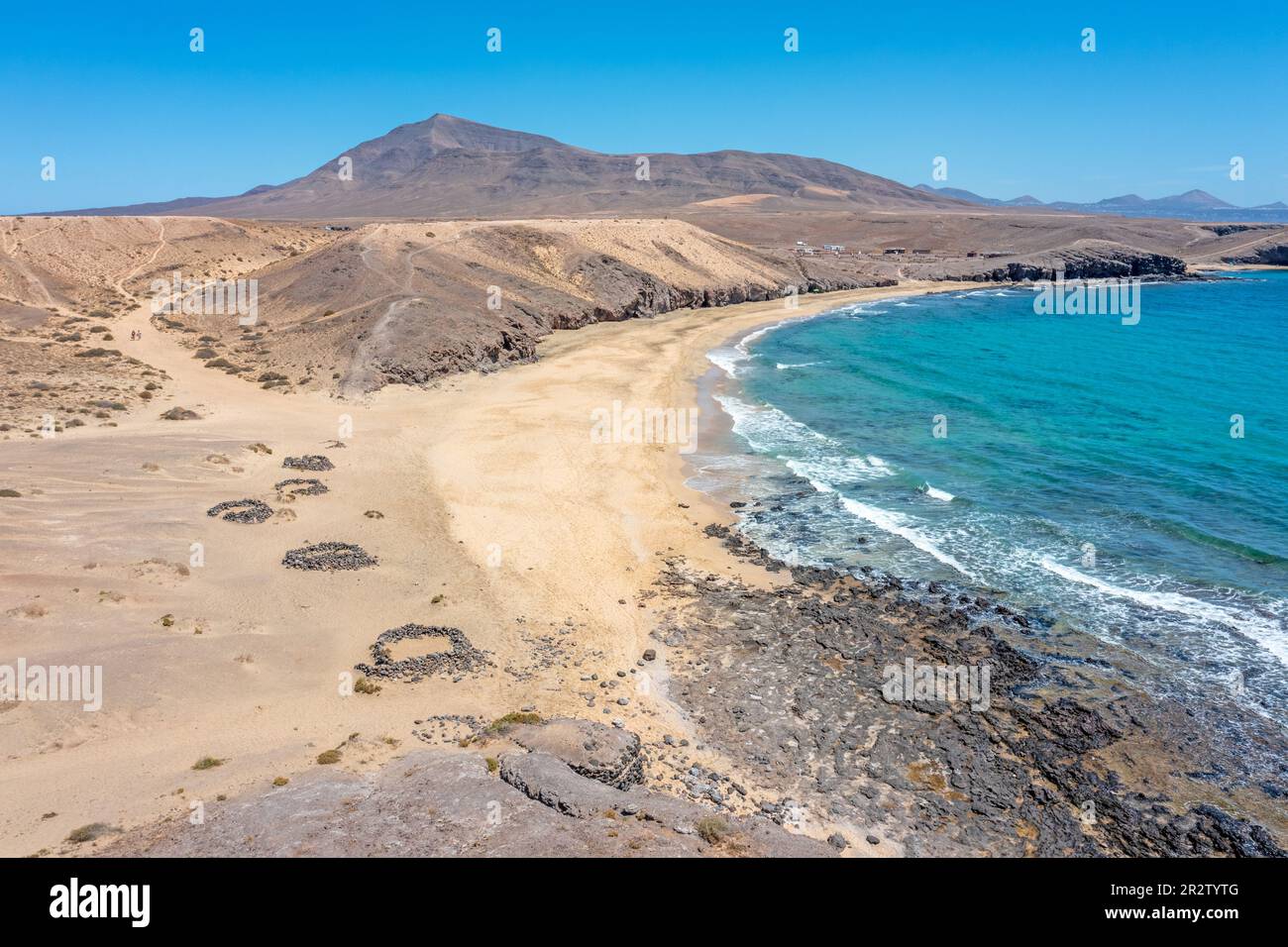 Drone picture from Los Ajaches National Park on the Canary Island Lanzarote during the day with the famous Papagaqyo Beaches Stock Photo